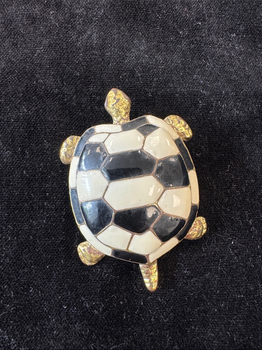 Vintage Gold-Tone Turtle Brooch with Black and White Enamel